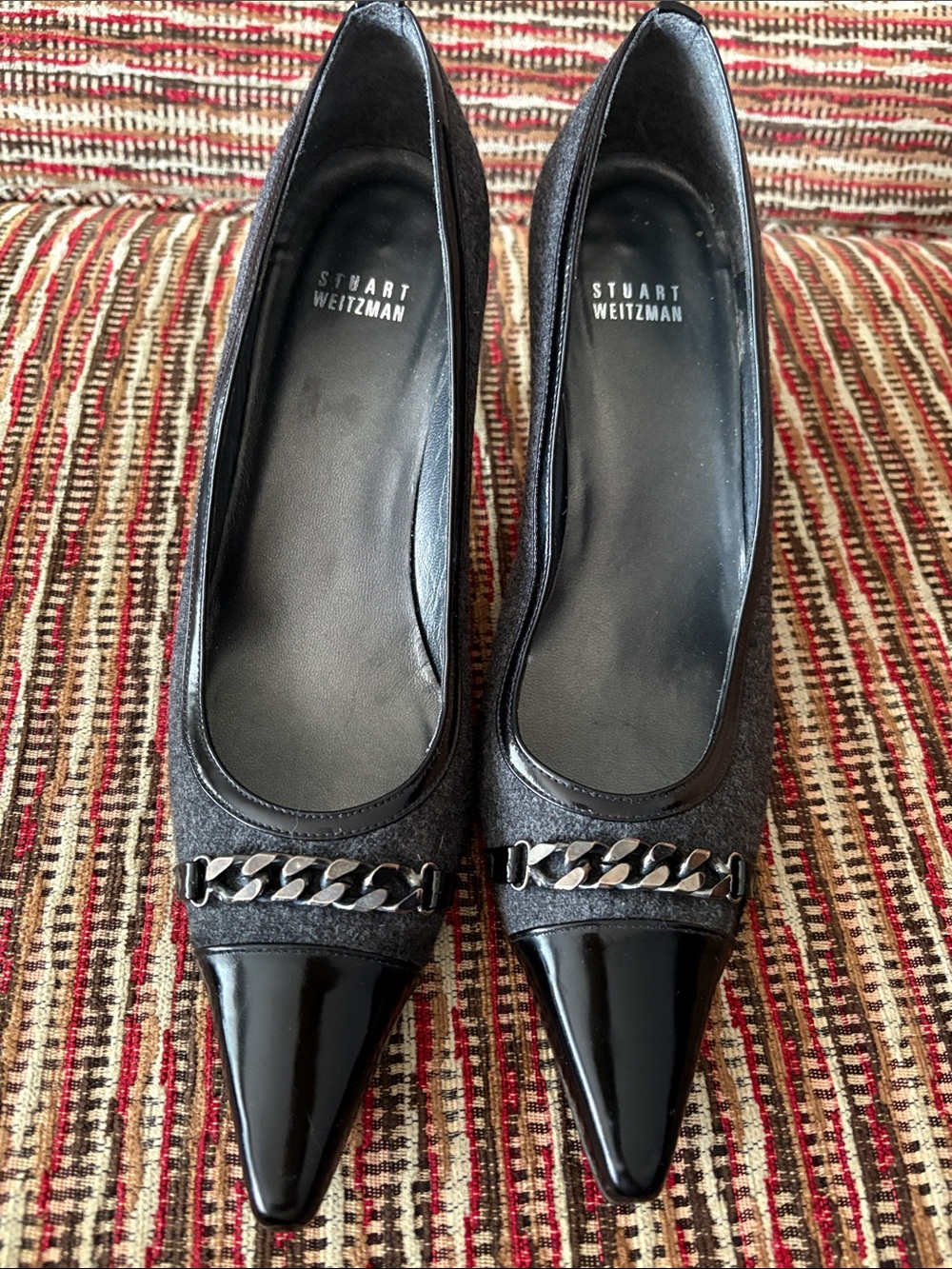 Stuart Weitzman Black Pointed Toe Chain-Trim Pumps
